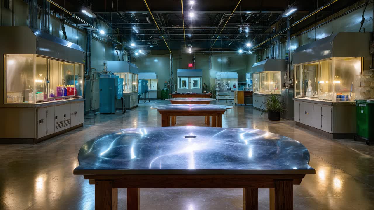 Un laboratorio moderno que muestra estaciones de trabajo con elegantes mesas de metal y áreas de trabajo iluminadas para la investigación y los experimentos científicos