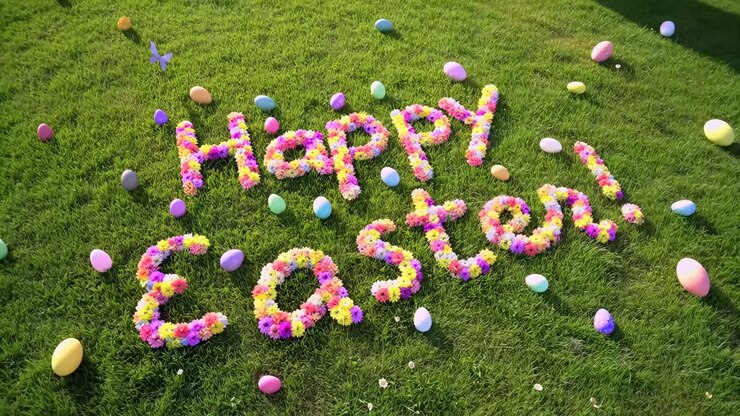Top-down video of 'Happy Easter' in colorful flowers on grass, surrounded by eggs