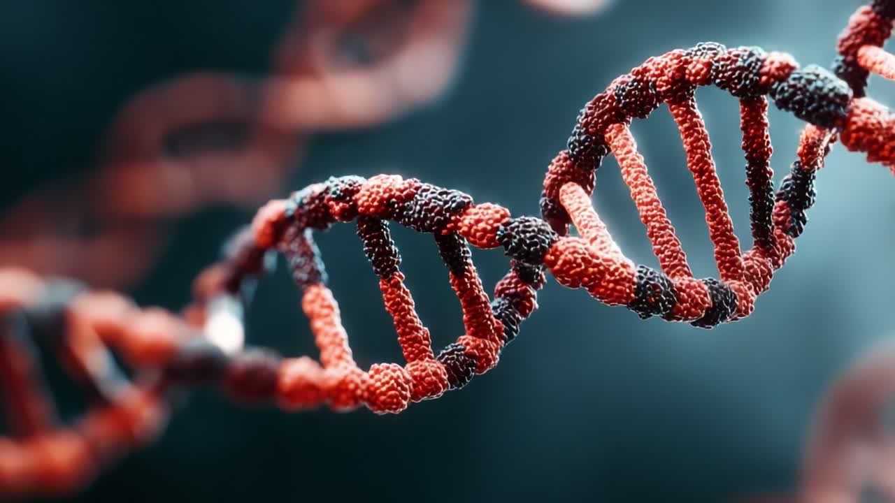 A Detailed View of DNA Structure Highlighting the Double Helix Formation with Distinct Red and Black Nucleotides against a Soft Background