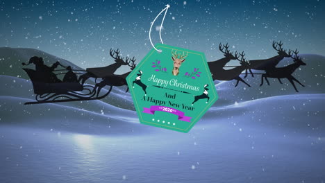 animation of gift tag with season's greetings over santa claus in sleigh over winter landscape