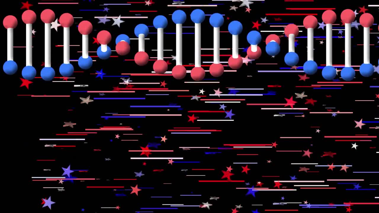 빨간색,  ⁇ 색, 파란색 별과 점이 떨어지는 곳에서 회전하는 dna 가닥의 애니메이션