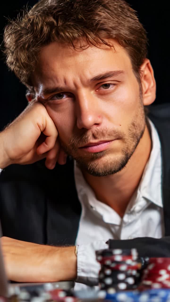 A Tense Poker Player Faces the Pressure of High-Stakes Gambling, Deep in Thought and Contemplation as He Strategizes His Next Move at the Card Table