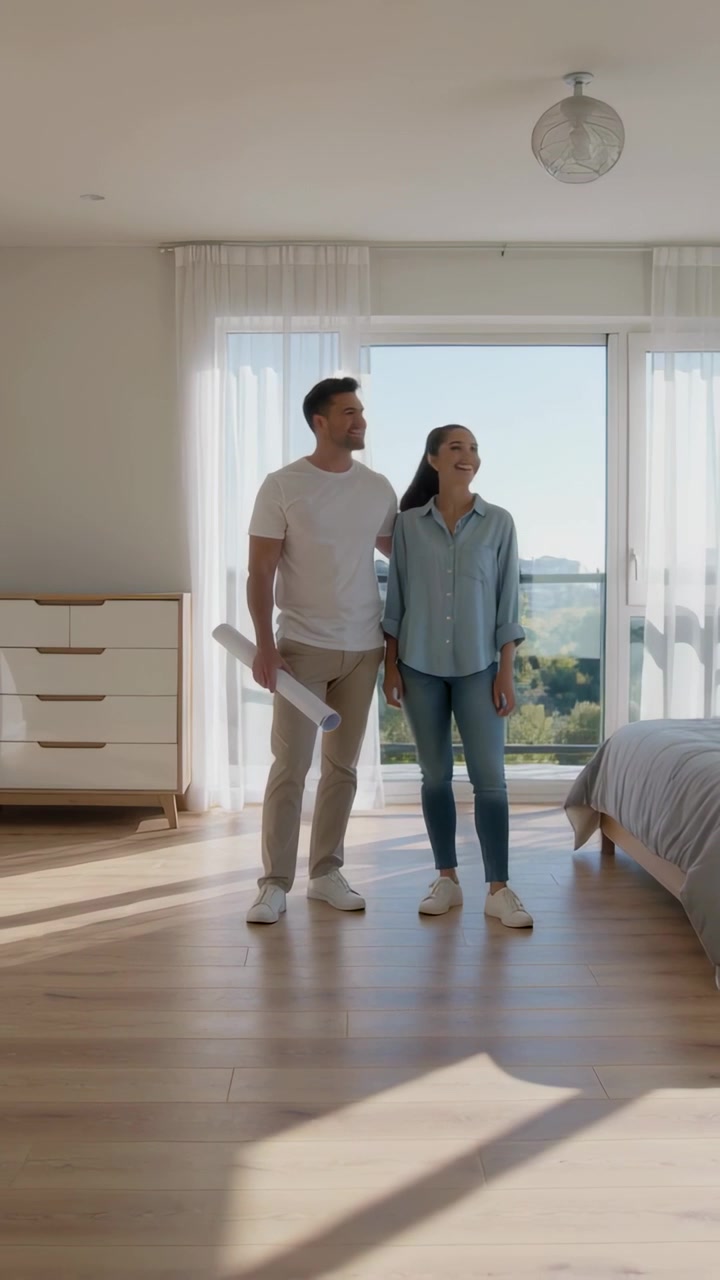 Vídeo vertical: Casal examinando após uma olhada rápida, segurando planta e inspecionando o teto do quarto.