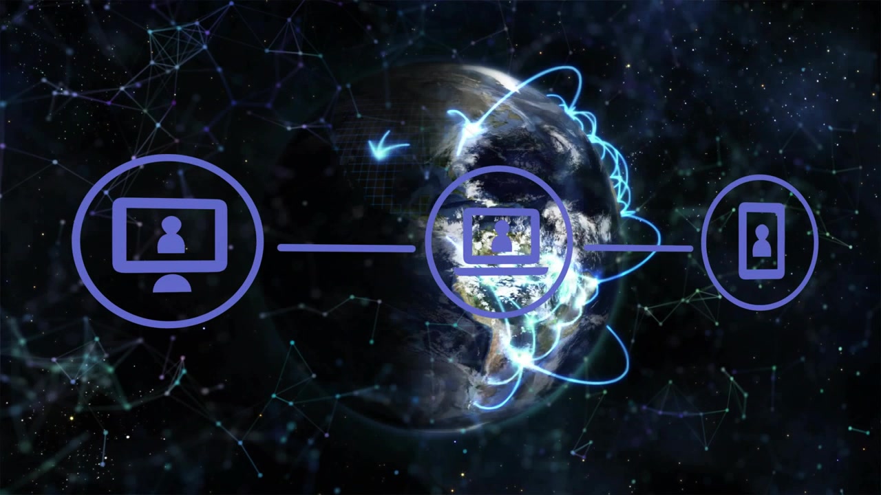 Stylized Earth devices linking after purple monitor appearing, blue arcs showing global data flow