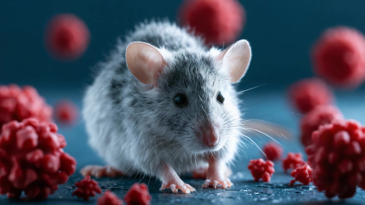Et nærbillede af en lille, fluffy mus, der navigerer gennem et surrealistisk miljø fyldt med slående røde elementer, der viser dens nysgerrige natur og delikate træk.