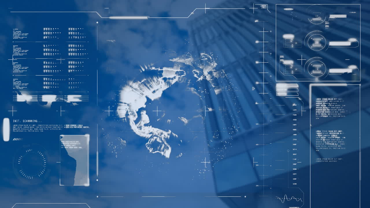 데이터 처리 및 고층 건물의 낮은 각도 뷰에서 회전하는 지구와 인터페이스의 애니메이션