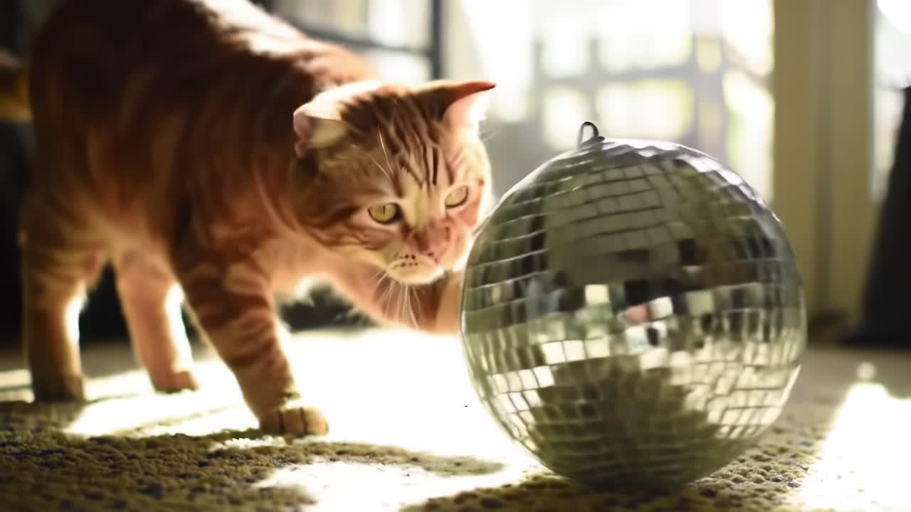 Playful Cat Interacts with Shiny Disco Ball in Sunlit Room, Demonstrating Curiosity and Playfulness in a Festive Environment with a Unique Reflection