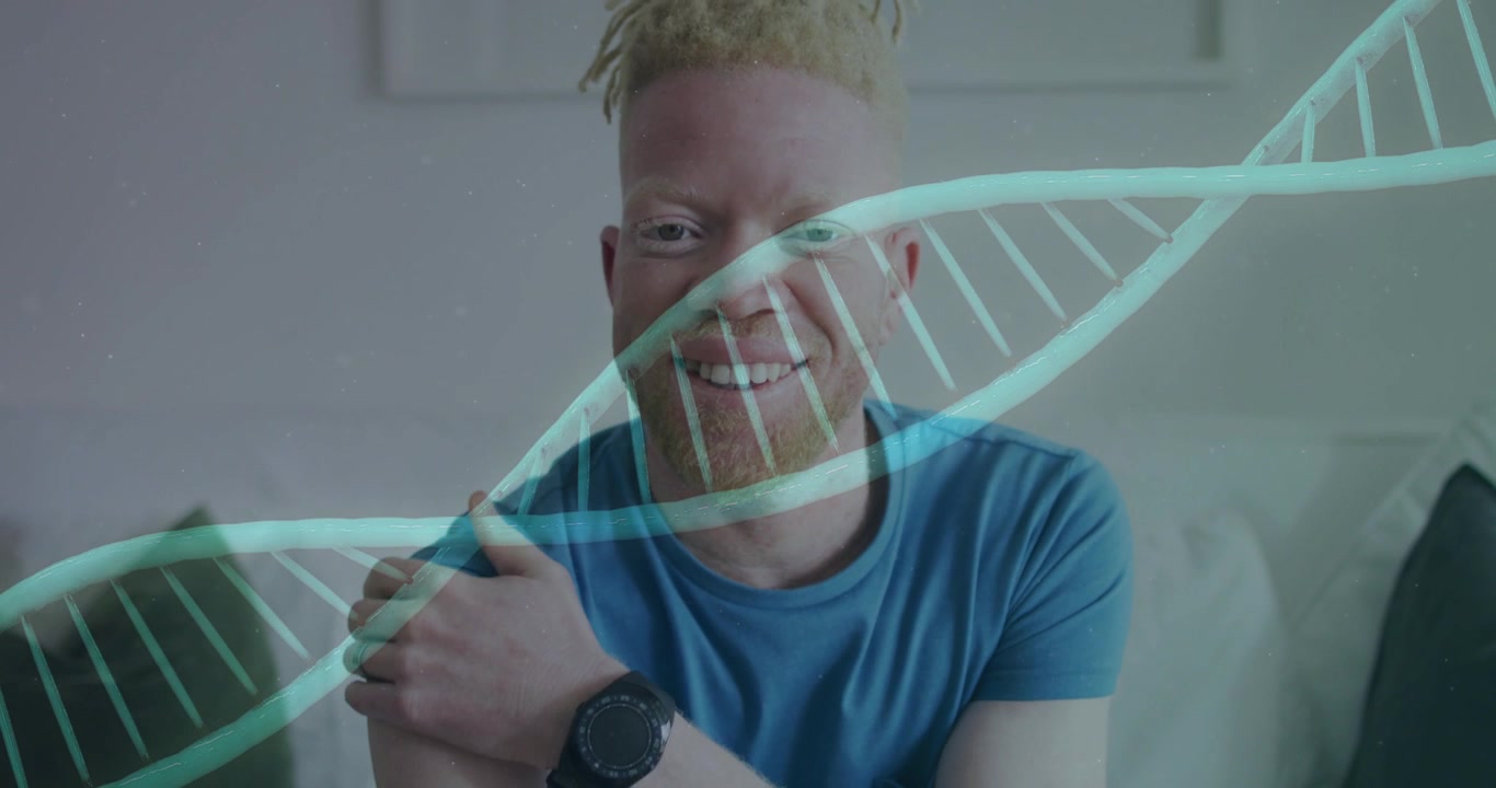 Homem sorrindo e estendendo a mão, após uma hélice de DNA animada passar pelo rosto, transmitindo uma ideia de saúde