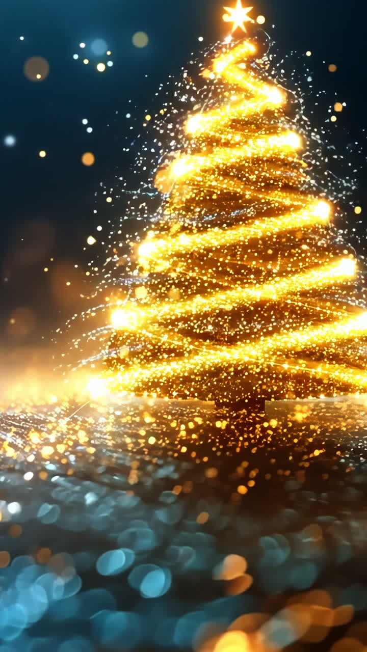 A Christmas tree with lights is lit up in the snow. The tree is surrounded by a blurry background of snow