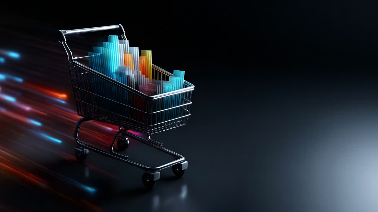 A Dynamic Shopping Cart with Colorful Vertical Bars in Motion, Representing Speed and Modernity in Retail Experience, Set Against a Dark Background for Enhanced Visual Impact