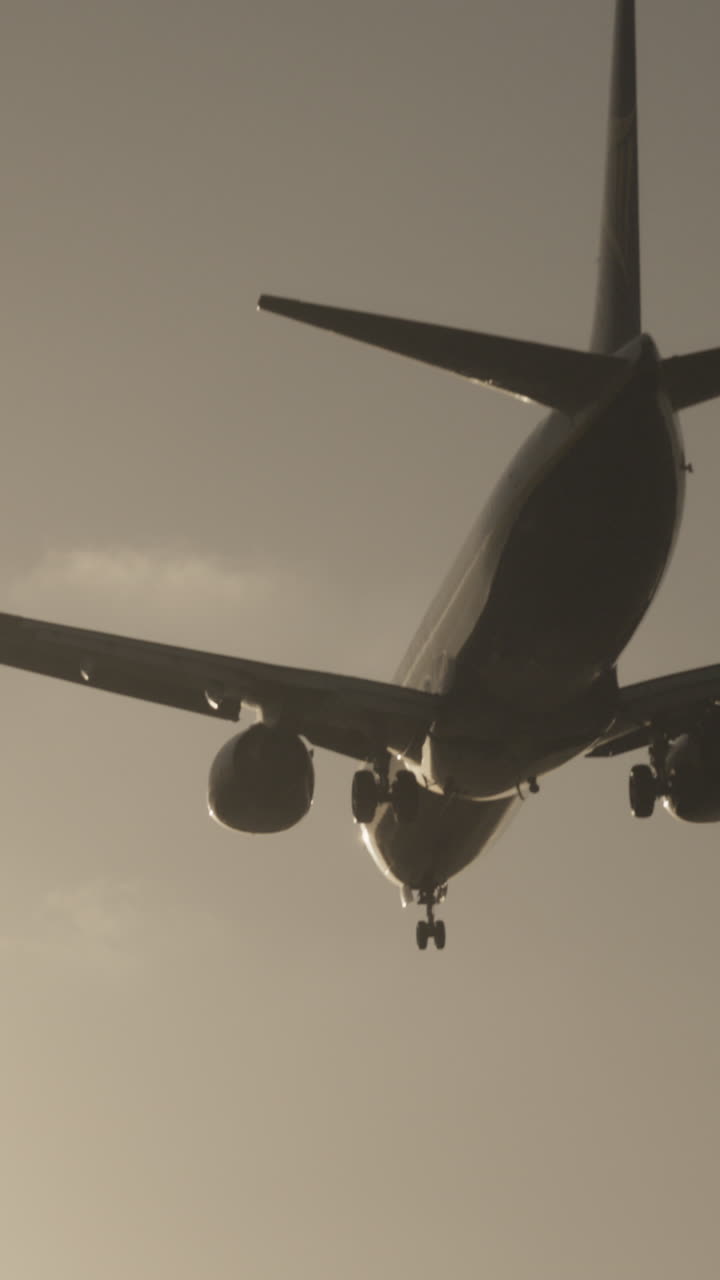 Avión volando en dirección al aeropuerto para aterrizar a cámara superlenta al atardecer en vertical