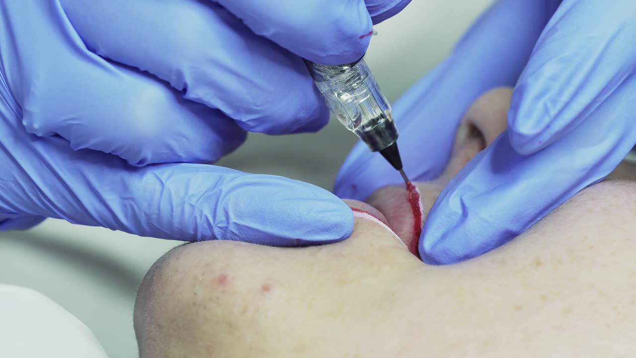 Close-up. A beautician in blue rubber gloves does the procedure of permanent makeup on the lips. Needle tattoo machine with red pigment