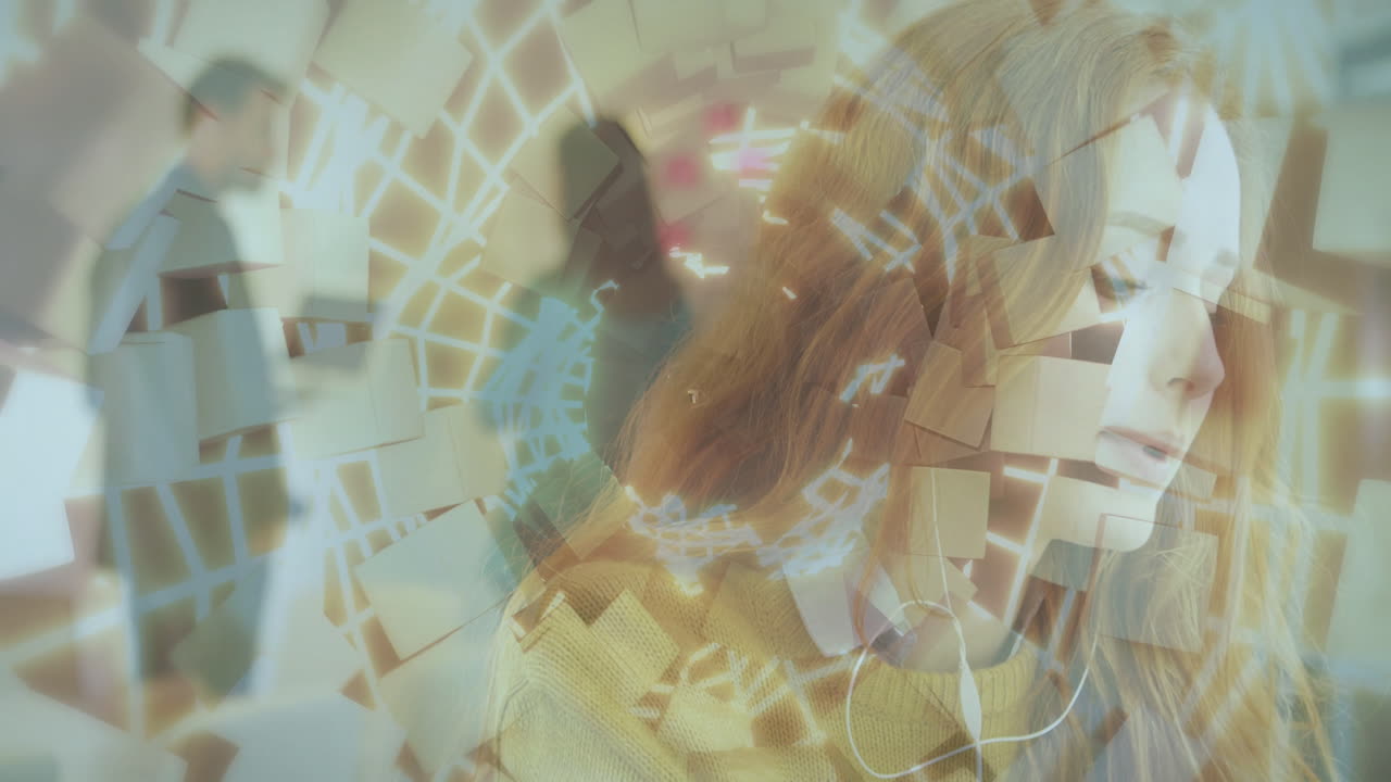 In school, animation overlaying abstract geometric patterns on creative people working