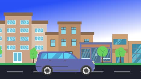 viajes en coche por la ciudad vista lateral, animación en bucle, fondo de diseño plano