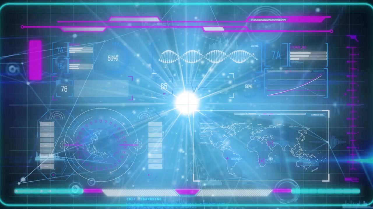Futuristic Digital Interface with Data Visualization and Global Network Connections