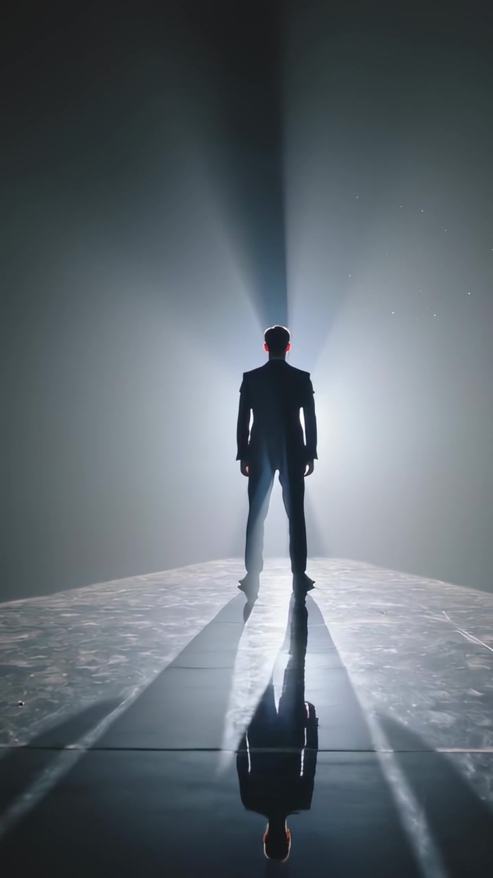 Vídeo vertical: Homem de terno em pé, movendo-se em palco brilhante com luz de fundo forte projetando sombra.