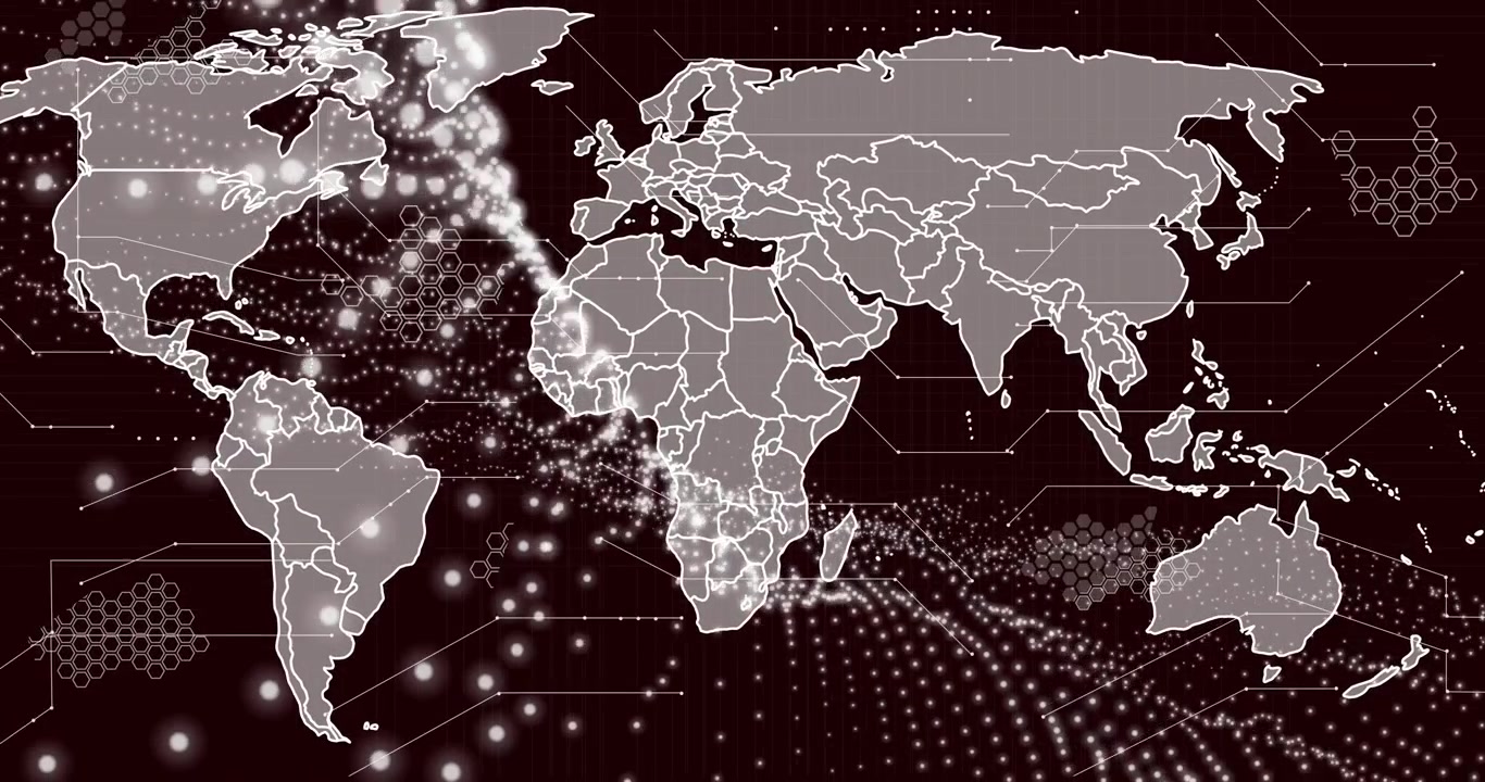 White nodes appearing then drifting westward across emerging map outline showing global data flow