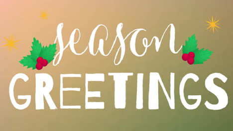 season greetings text animation with holly leaves and stars on gradient background