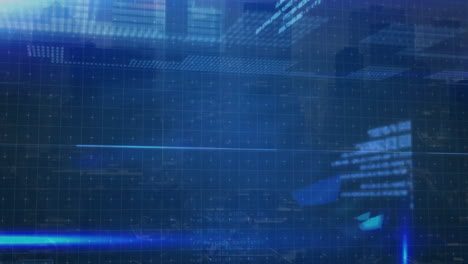 animación del lenguaje informático y el destello de la lente moviéndose contra edificios modernos
