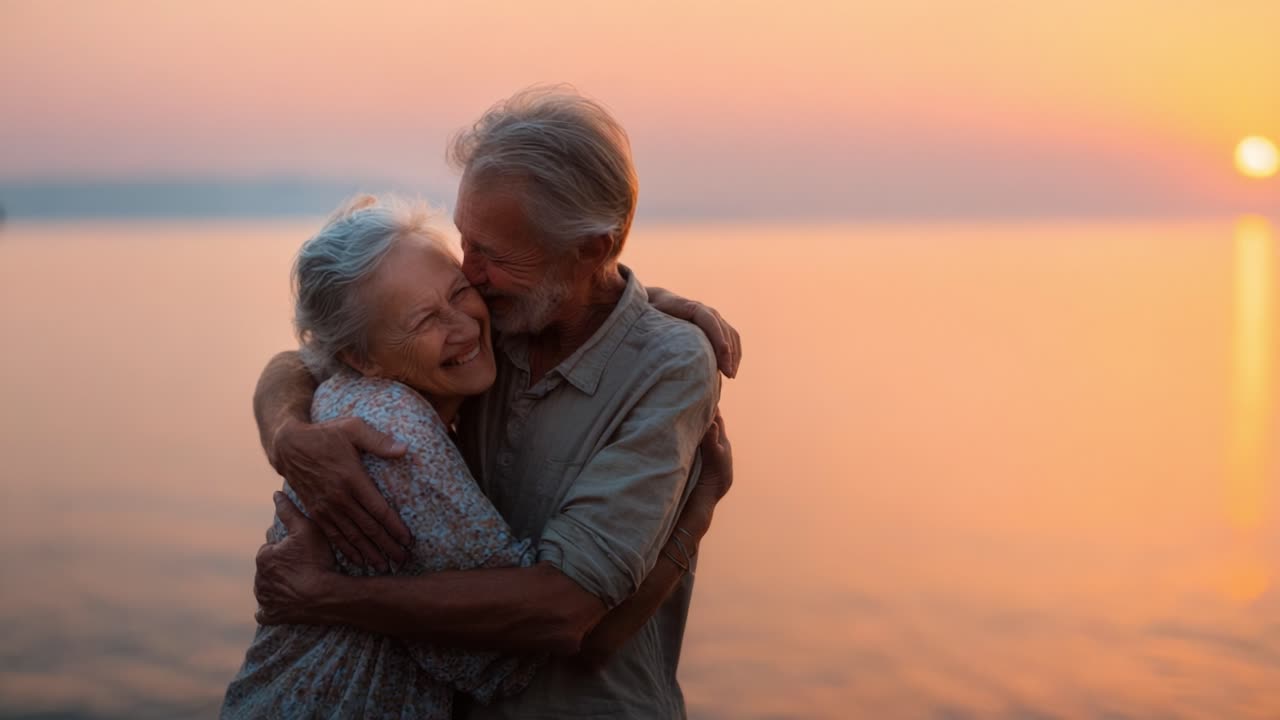 Gioioso abbraccio: momenti preziosi tra una coppia di anziani sullo sfondo di un meraviglioso tramonto su acque calme, per celebrare l'amore e lo stare insieme durante i loro anni d'oro
