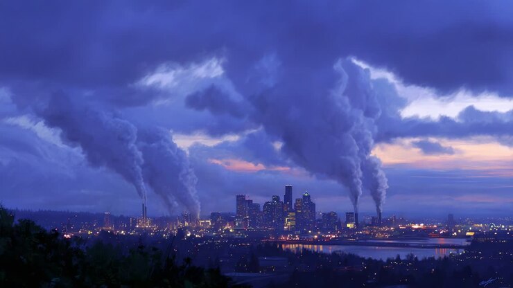 Paesaggio urbano vivace al crepuscolo: una trasformazione suggestiva dai blu del tramonto alle tonalità infuocate tra ciminiere industriali, che cattura la dualità tra vita urbana e impatto ambientale