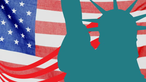 animation of statue of liberty silhouette and red stripes, over american flag
