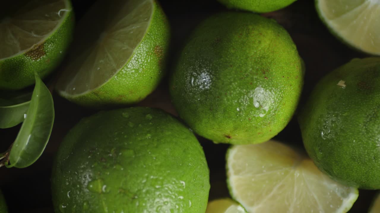 limas jugosas con gotas de agua girando lentamente.