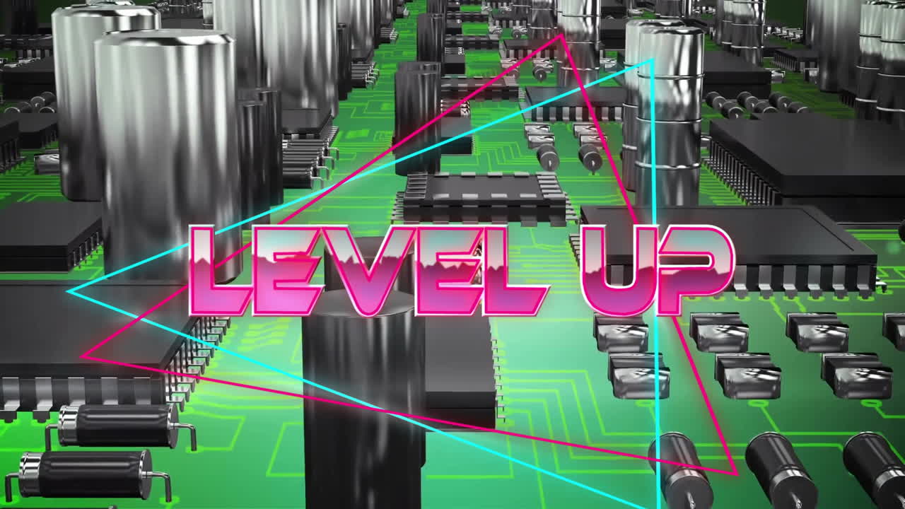 네온 패턴과 회로판 위에 레벨 업 텍스트의 애니메이션