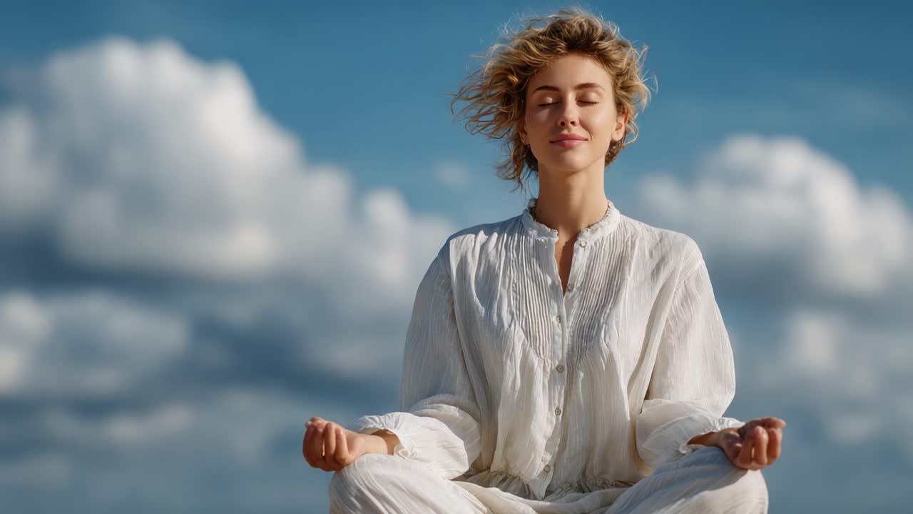 A Serene Moment of Meditation: A Young Woman Practicing Mindfulness and Inner Peace Against a Beautiful Sky with Soft, Fluffy Clouds