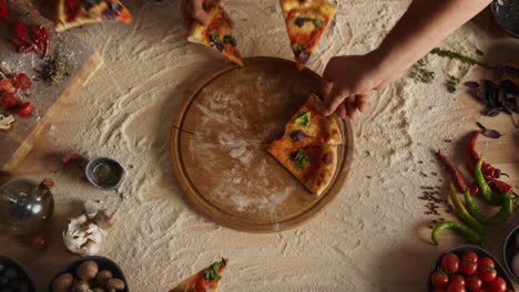 friends group sharing pizza slice on cutting board table at restaurant pizzeria.