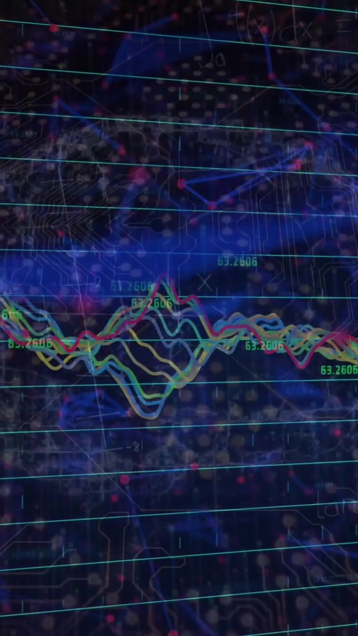 Animation of multiple graphs, dots forming geometric shapes, digital brain over abstract background