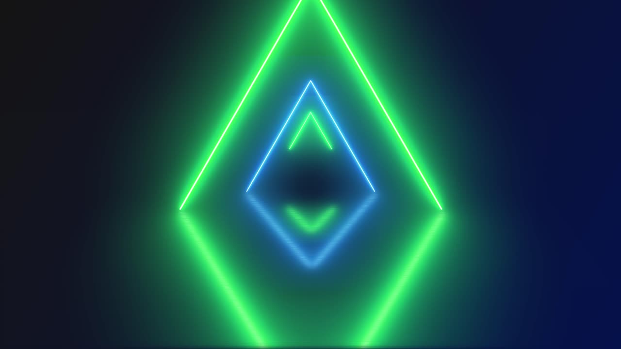 Abstract Neon Geometric Tunnel Loop with Glowing Blue and Green Triangles