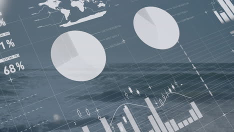 animation of financial data processing over seaside landscape