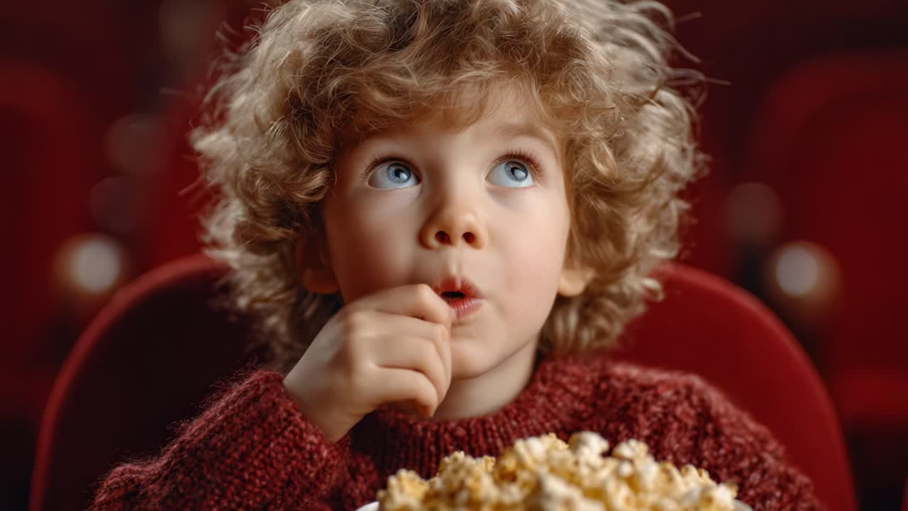 A Young Child with Curly Hair Enjoying a Movie Moment with Popcorn, Captured in Picturesque Frames of Anticipation and Delight in a Theater Setting