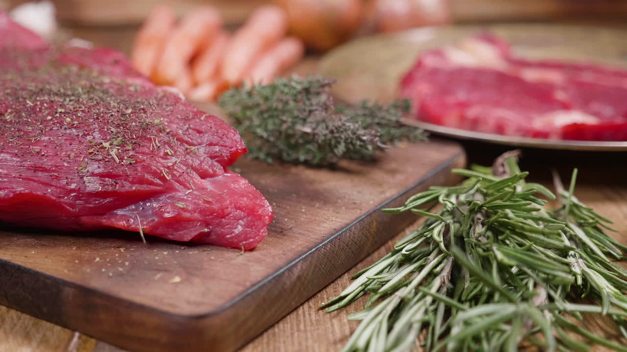 Raw beef steak with rosemary and thyme