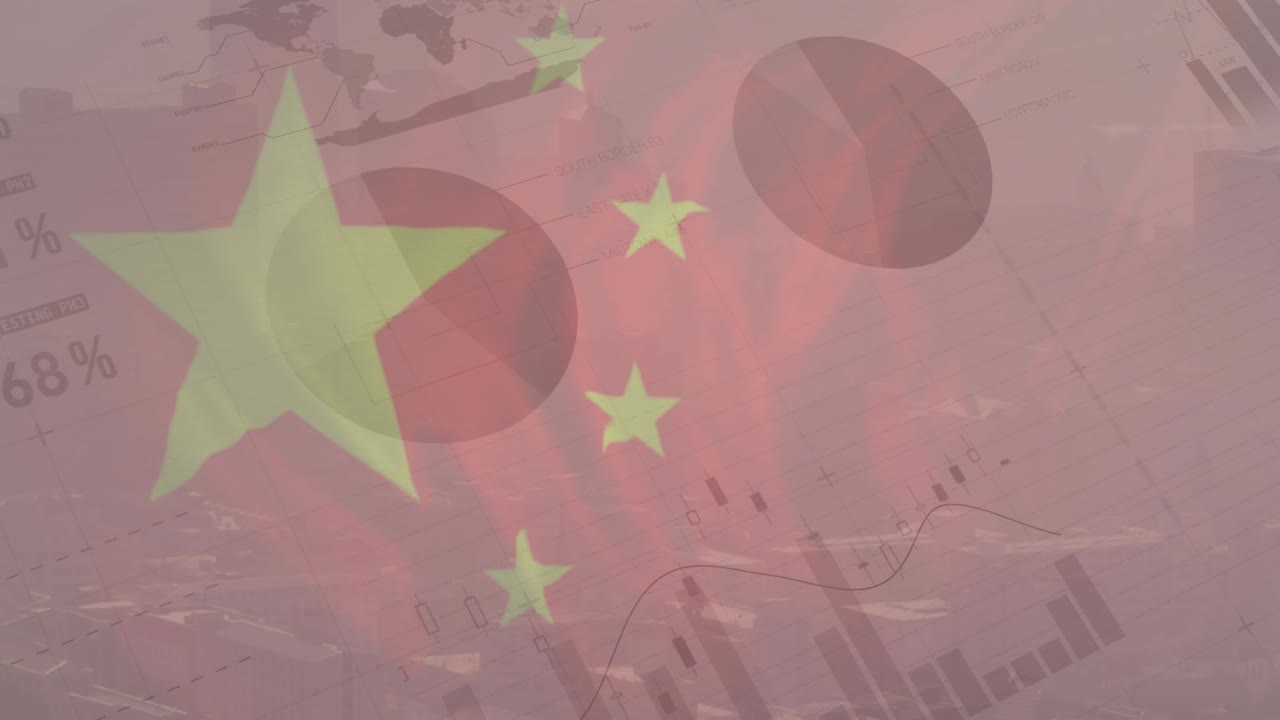 중국  ⁇ 발의 애니메이션과 도시 풍경 위의 금융 데이터 처리