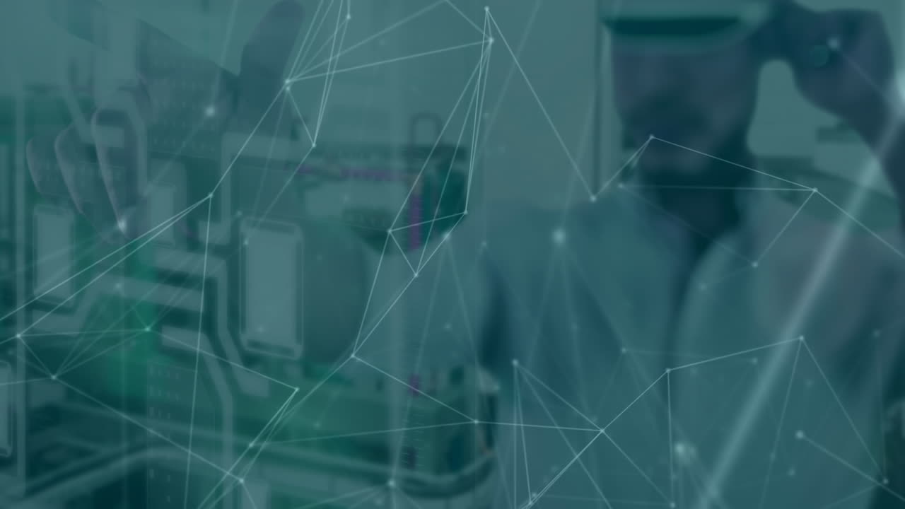 animación de la red de conexiones sobre el hombre que usa auriculares vr