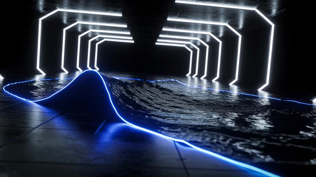Forming neon-edged water ridge rising along future corridor, reflecting white arches and blue neon