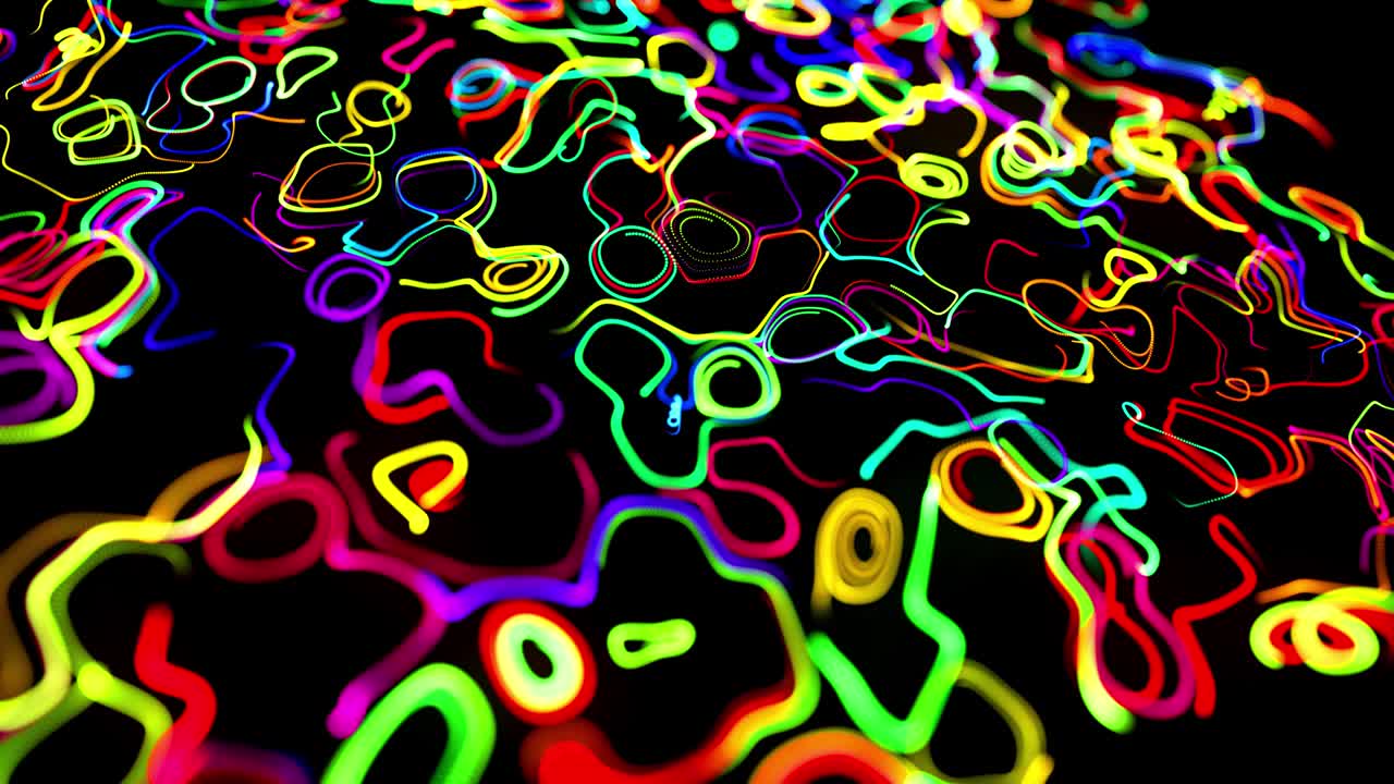 flow of particles forms curled lines like glow trails of different colors, lines form swirling pattern like curle noise. Abstract 3d looping flowing animation as bright creative festive background