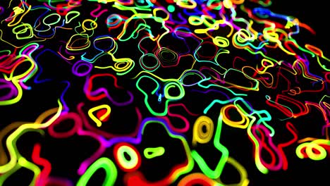 flow of particles forms curled lines like glow trails of different colors, lines form swirling pattern like curle noise. abstract 3d looping flowing animation as bright creative festive background