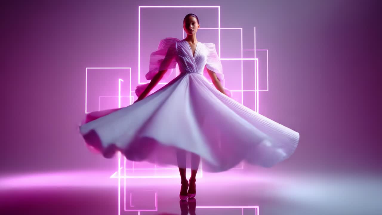 En fantastisk fotomodel fremviser en udsøgt plisseret kjole i pink og hvid med dramatiske ærmer mod en abstrakt neonbaggrund, der fanger essensen af moderne haute couture i en fascinerende fremvisning af stil