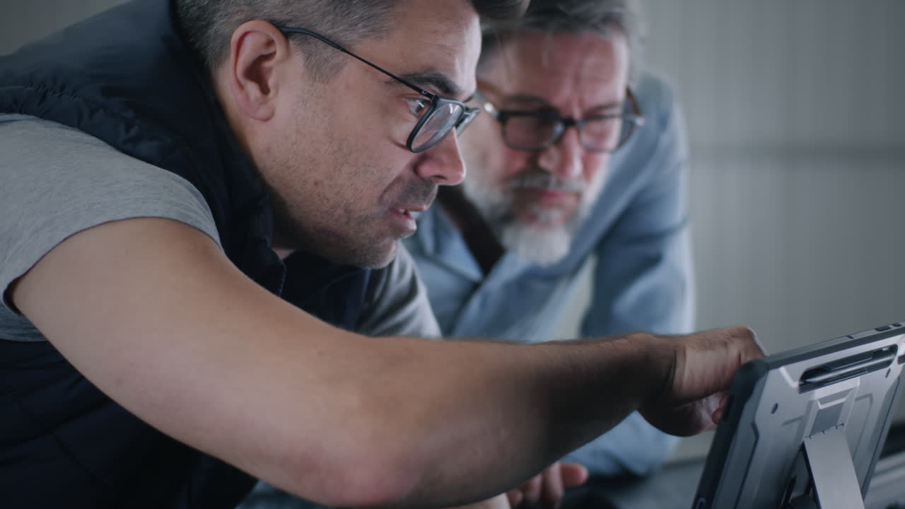 Two men collaborating on a tablet