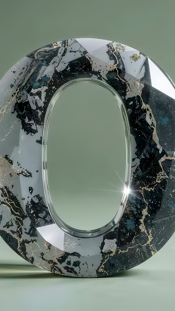 Vertical video: Facing camera rotating marble torus sculpture against green backdrop to catch light