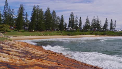 Waves-At-South-West-Rock---Norfolk-Pine-Trees-At-The-Australian-Beach-During-Summer---New-South-Wales,-Australia