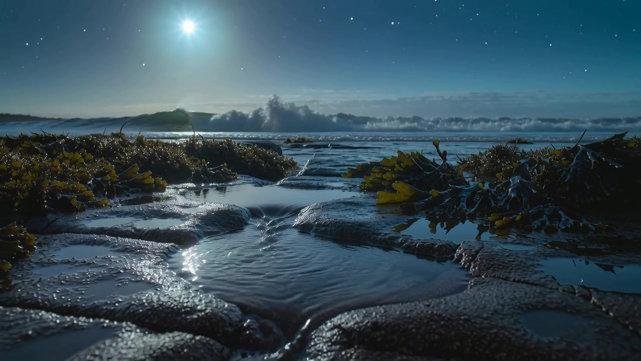 Pozza di marea increspata che riflette la luce brillante della luna su una costa rocciosa, colpita dall'ondata di un'onda che si infrange