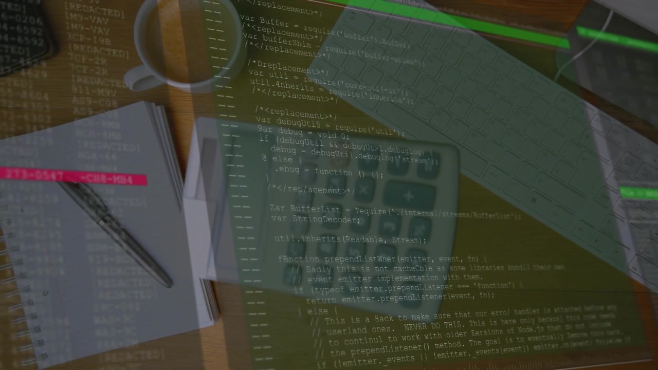 Camera pulling back rotating, calculator tilting, code overlay scrolling, showing desk composite
