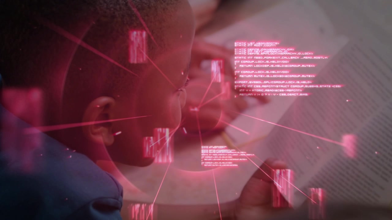 Animation of data processing over african american boy reading at school