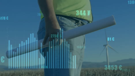 animación de procesamiento de datos financieros, turbina eólica e ingeniero caucásico
