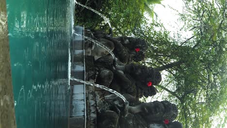 toma vertical en cámara lenta de una hermosa piscina en bali, indonesia, con esculturas de las que fluye agua durante un viaje de vacaciones a través de ubud
