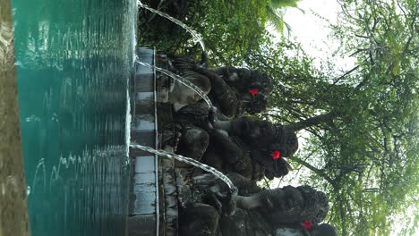 vertical slow motion shot of a beautiful pool on bali indonesia with sculptures from which water flows during a vacation trip through ubud